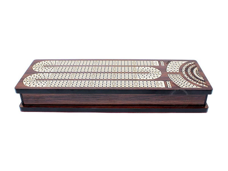 House of Cribbage - Continuous Cribbage Board/Box Inlaid in Rosewood/Maple : 4 Track - Side Drawers with Score Marking Fields for Skunks, Corners and Won Games - Image 2